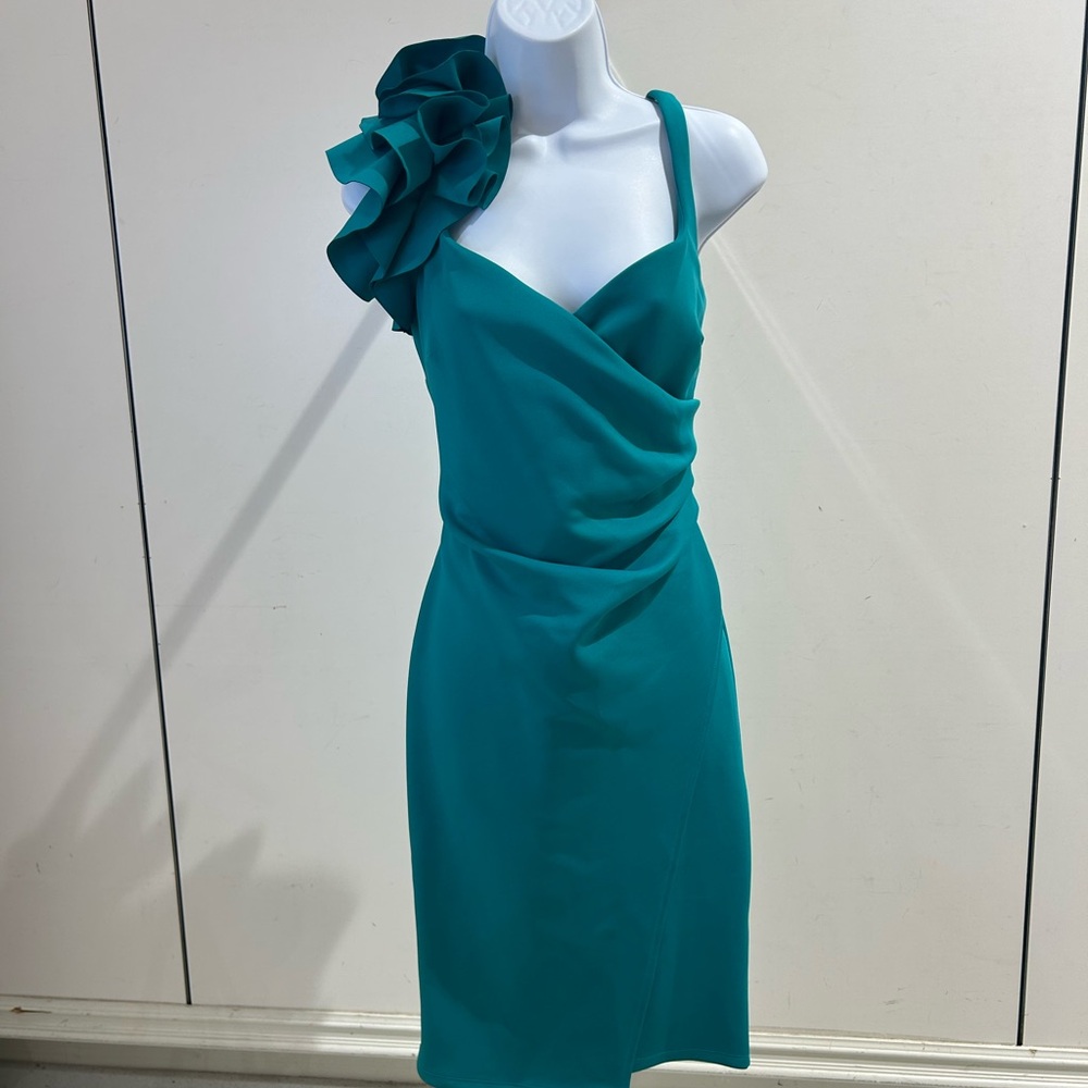 MSK Teal One-Shoulder Ruffle Cocktail Dress